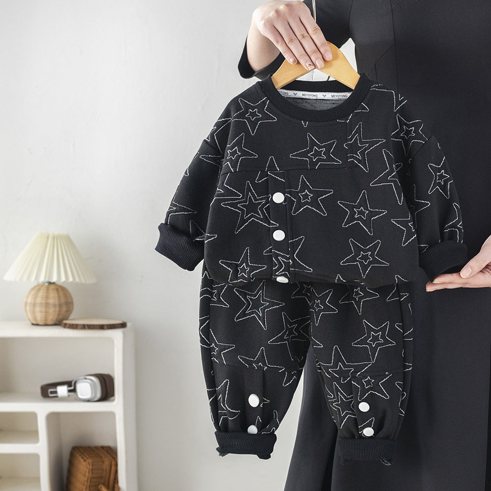 Boys' Outfit 2025 New Baby Children's Spring and Autumn Stylish Kids' Jacquard Round Neck Two-Piece Set