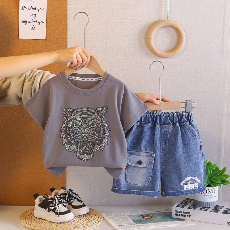2026 Foreign Trade Summer Round Neck Rhinestone Children's Printed Thin T-shirt and Denim Two-piece Set Wholesale 3