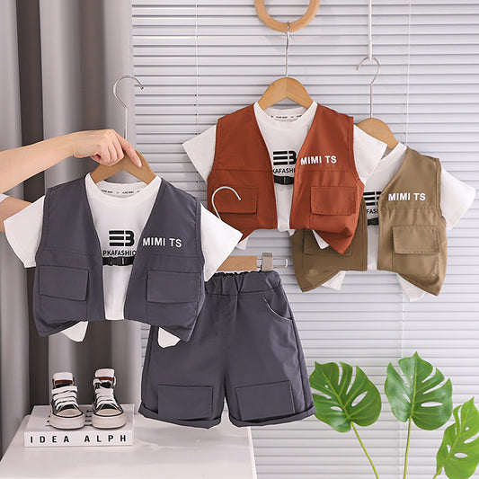 Boys' Outfit 2026 New Fashionable Children's Short-Sleeve Summer Korean Style Letter Vest Three-Piece Set Trendy