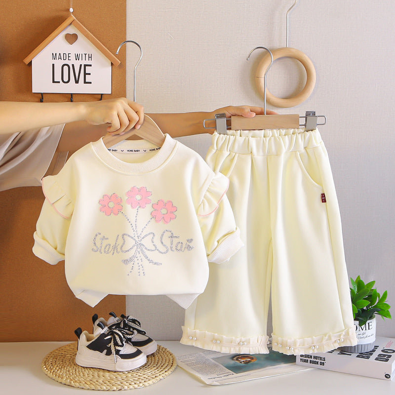Girls' Autumn Outfit 2026 New Stylish and Fashionable Baby Girl Rhinestone Flower Sweatshirt Two-Piece Set Wholesale
