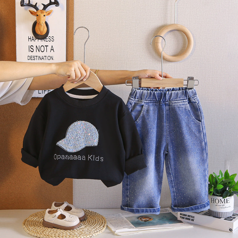 Girls' Outfit Set, Spring Autumn 2026 New Fashionable Long-Sleeve Hooded Sweatshirt and Pants, Baby Wholesale