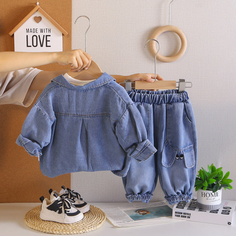 Boys' Spring and Outfit 2026 New Fashionable Children's Three-Piece Set with 3D Puppy Denim Design for Babies, Autumn Trend Wholesale