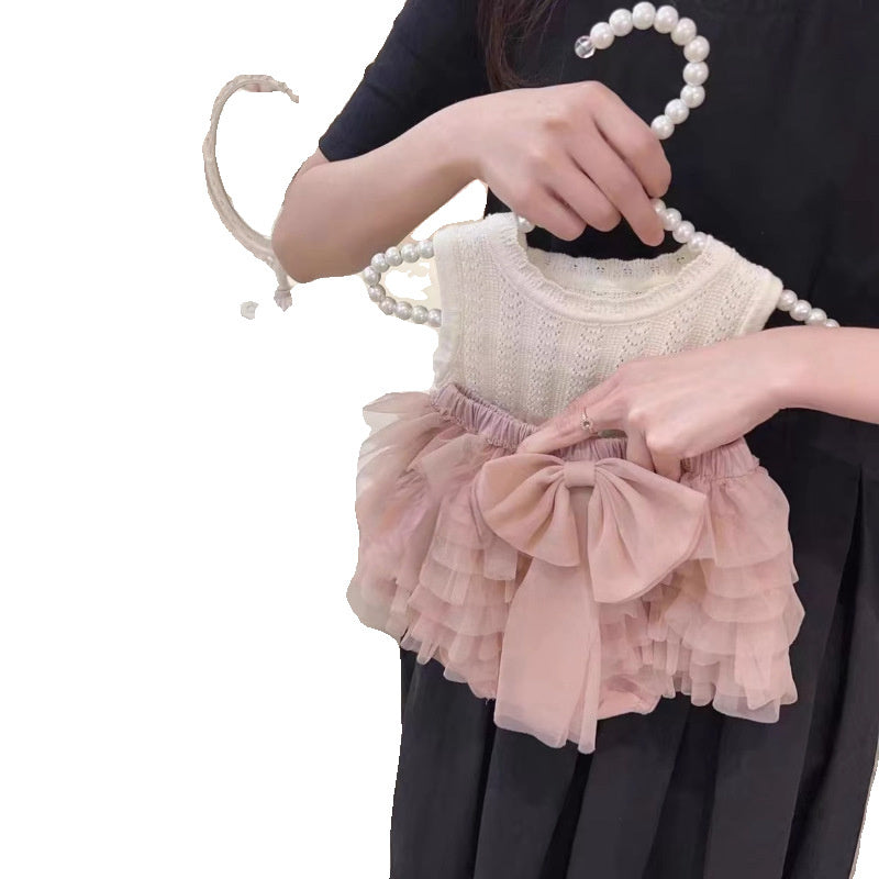 Girls' Summer New Outfit 2025: Stylish Children's Knitted Hollow Sleeveless Top and Popular Cake Mesh Skirt