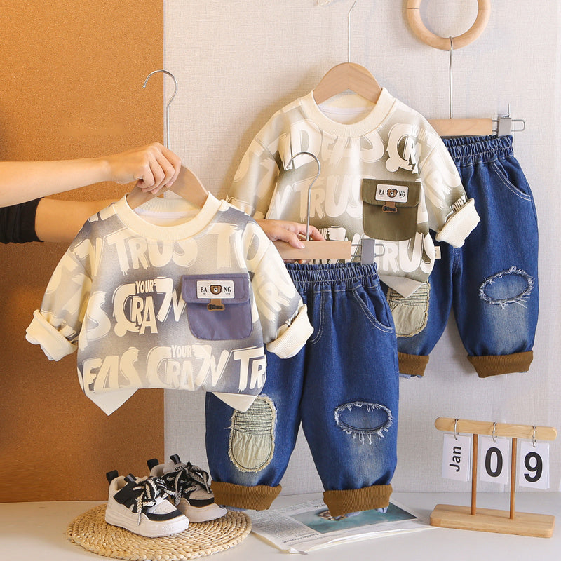 Boys' Outfit 2026 New Children's Spring and Autumn Long-Sleeve Round-Neck Pocket Bear Sweatshirt Two-Piece Set for Toddlers