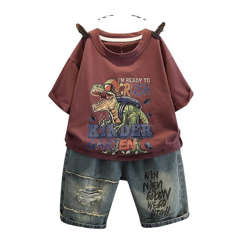 Boys' Outfit 2024 New Trendy Cool Boy Fashion Dinosaur Children's Clothing Summer Thin Two-Piece Set
