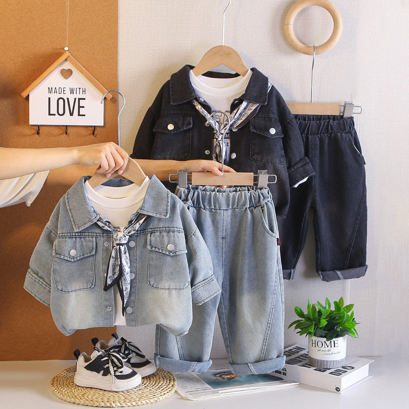 Boys' 2026 Autumn Fashionable Outfits, Trendy Children's Clothing, Baby Long-Sleeve 1-Year-Old Boy Denim Three-Piece Set