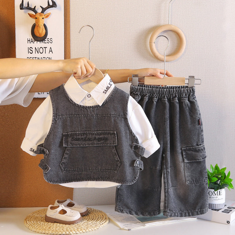 Boys' Spring Autumn Outfit: Stylish Infant and Toddler Denim Vest with Large Pockets, Three-Piece Set, 2026 Fall Fashion for Baby Boys