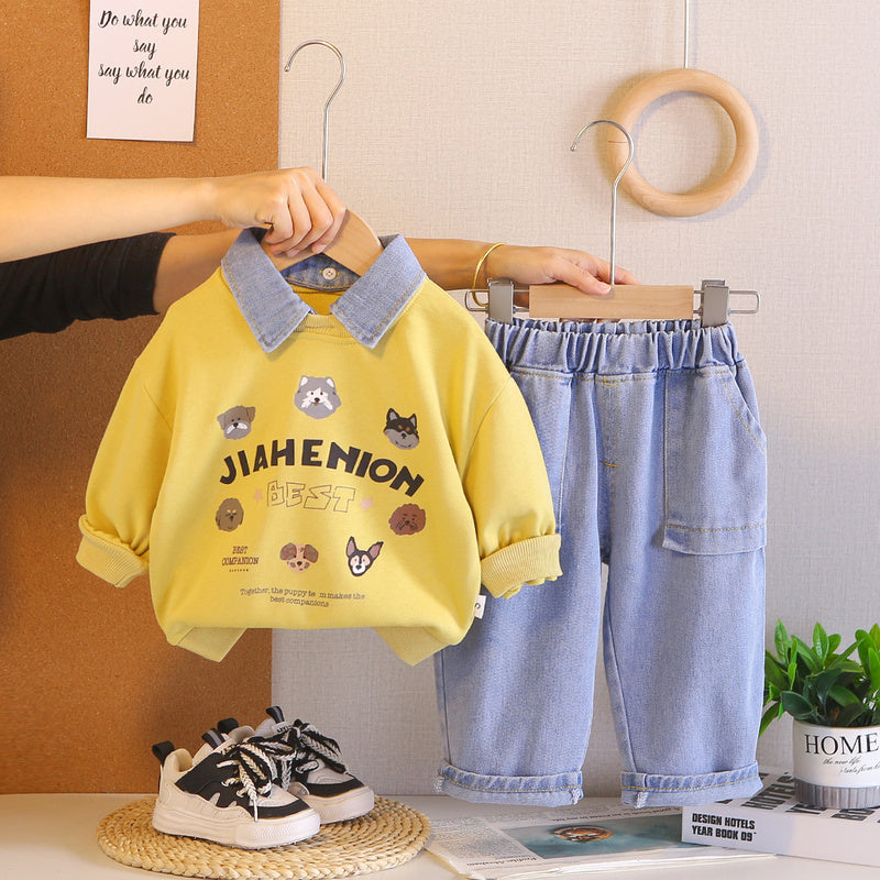 Boys' Suit 2026 New Spring and Style Children's Fashionable Clothes Baby Autumn Cartoon POLO Shirt Two-Piece Set Trendy