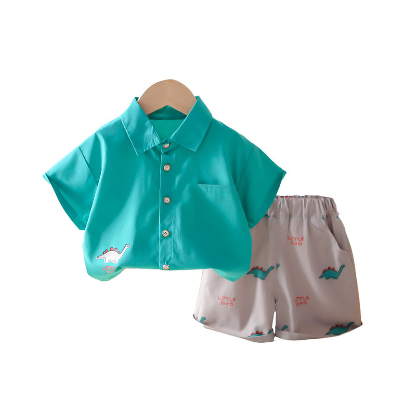 Boys' Summer Short-Sleeve Outfit 2026 New Fashionable Two-Piece Set Baby Cartoon Dinosaur Bear Clothes Children's Wear