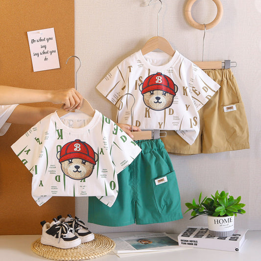 Boys' Outfit 2026 New Style Children's Casual Clothes Summer Wear Red Hat Bear Short Sleeve Two-Piece Set Trendy