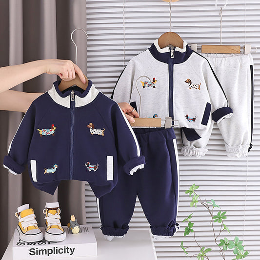 Boys' Stylish Outfit 2025 Spring and Autumn New Fashionable Baby Korean Style Cartoon Dog Patch Sports Two-Piece Set