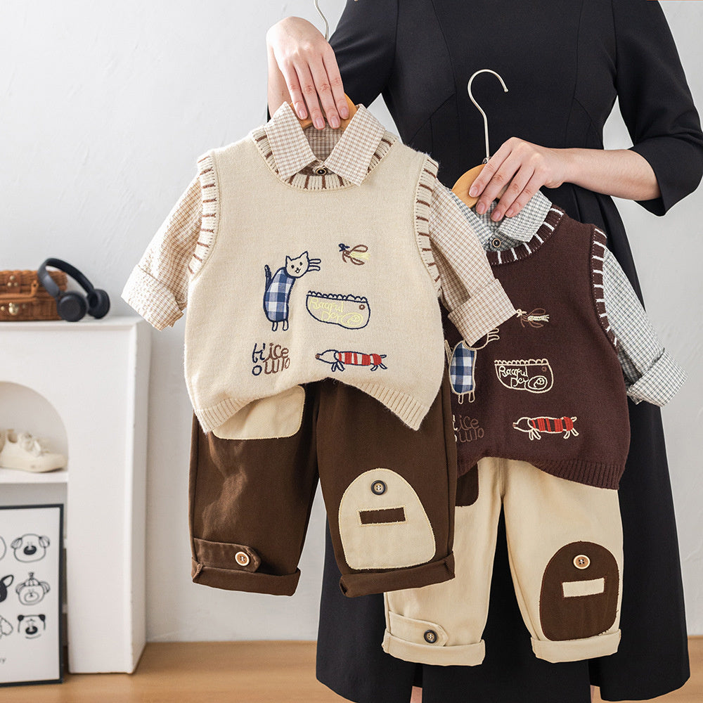Spring and Autumn Outfit 2026 New Style Toddler Sweater Children's Boys' Baby Cat Vest Three-Piece Trendy Set