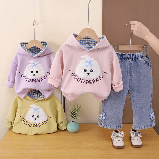 Girls' Outfit 2026 New Fashionable Cartoon Puppy Hooded Sweatshirt Set Baby Autumn Stylish Children's Clothing