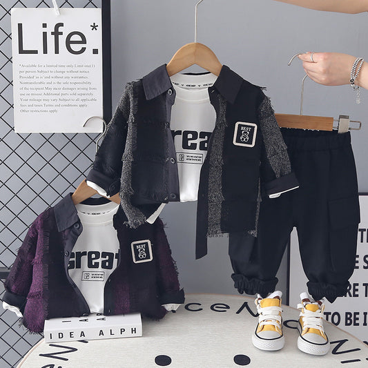 Boys' Spring Outfit 2026 Spring-Autumn New Korean Style Children's Stylish and Cool Plaid Furry Three-Piece Set for Young Boys