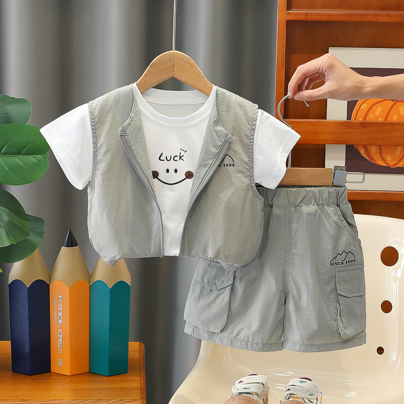 Boys' Outfit 2026 New Fashionable Children's Sporty Outdoor Style Summer Short-Sleeve Three-Piece Set for 1-3 Year Olds Trendy