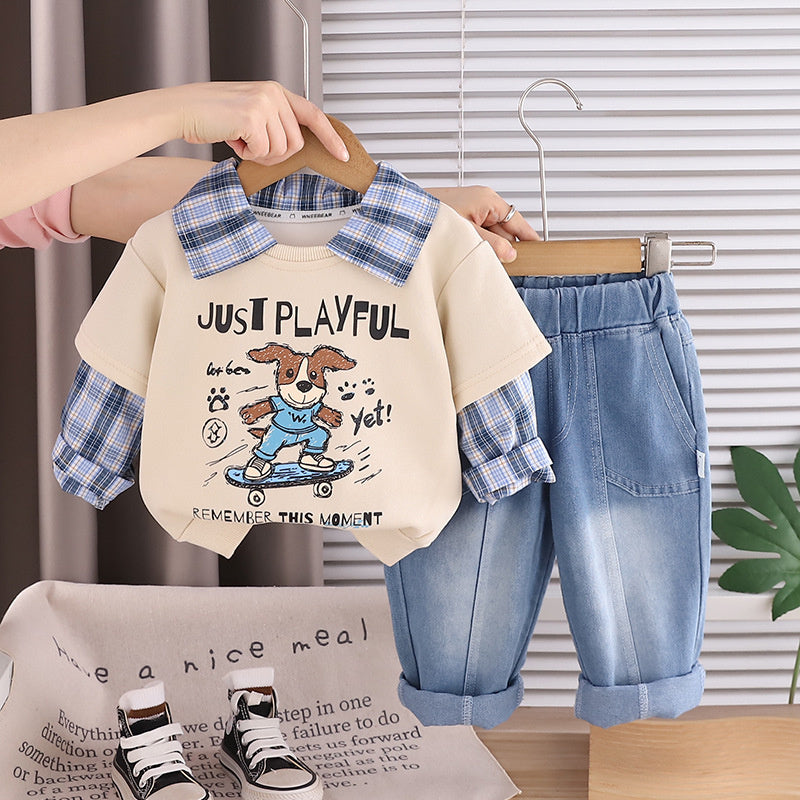 Children's Clothing Boys' Spring 2026 New Fashionable Skateboard Dog Plaid Two-Piece Set for Toddlers and Kids