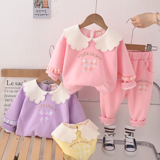 Girls' Outfit 2024 New Sweatshirt Baby Plaid Bow Two-Piece Set Children's Spring and Autumn Style