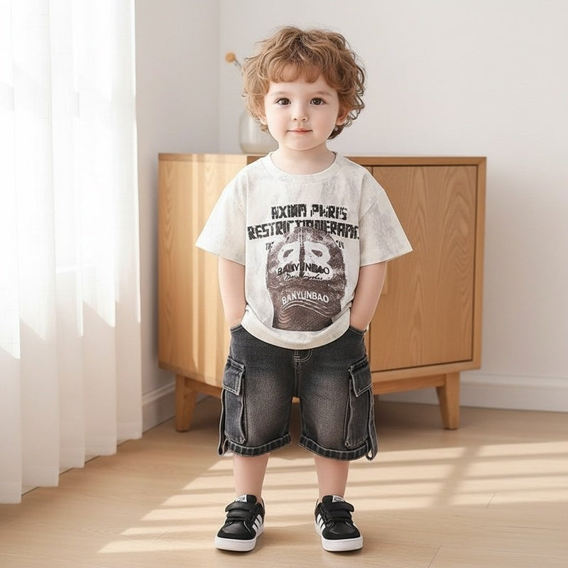 Baby Outfit Set 2026 New Model Boys' Letter Print Hat Short Sleeve Shorts Infant Children's Clothing Stylish for Toddlers in Summer