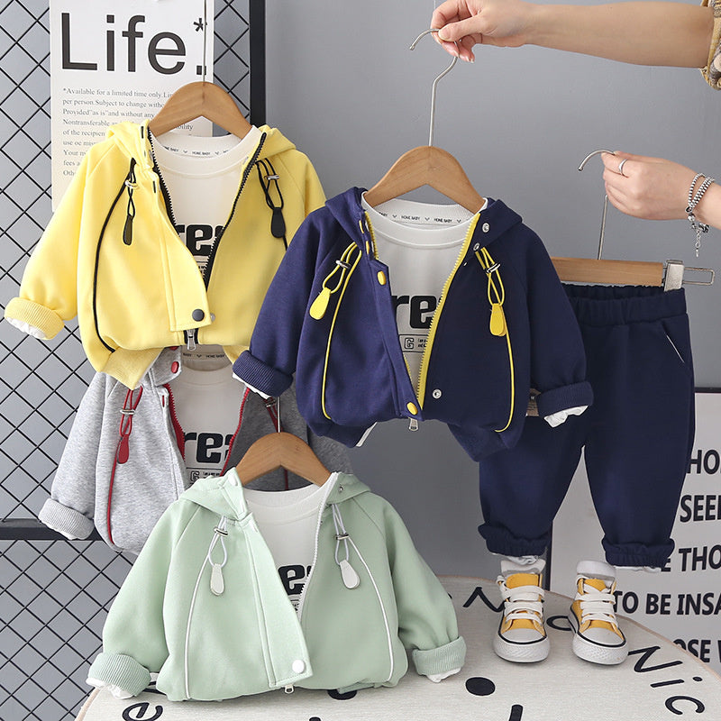 2026 Spring Autumn New Boys and Girls Striped Zipper Hooded Sports Solid Color Children's Clothing Three-Piece Set