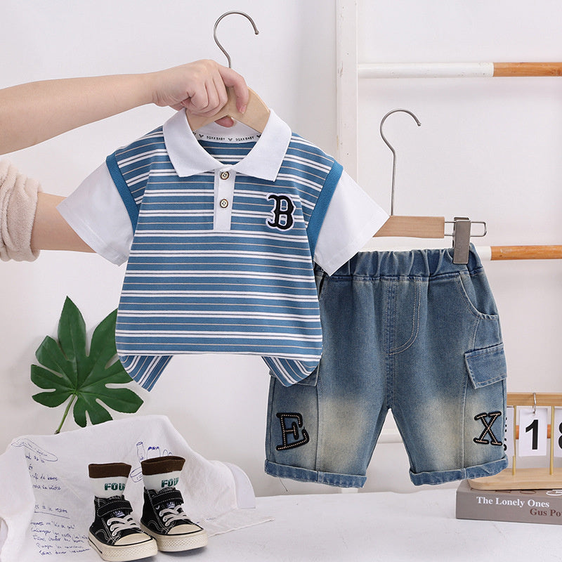 Children's Summer Outfit 2026 New Style Boys' Stylish Thin Striped Short-Sleeve Shirt Casual Two-Piece Set for Toddlers