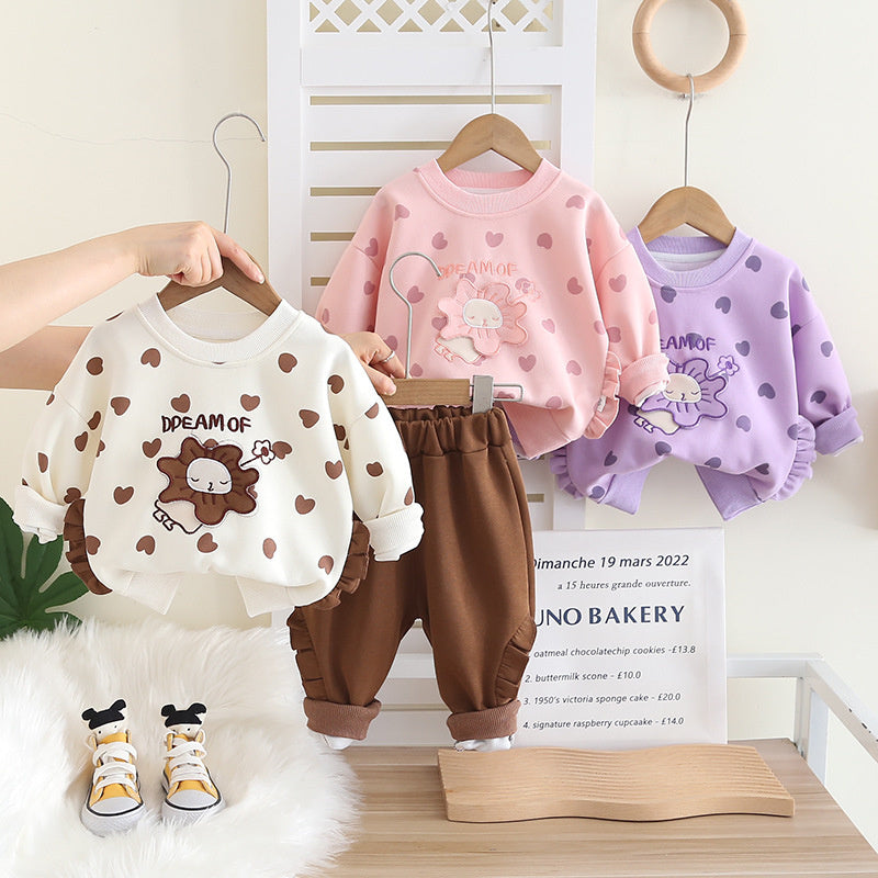 Girls' Outfit 2025 New Stylish Full Print Heart Round Neck Two-Piece Set Baby Spring Autumn Sweatshirt Children's Trendy
