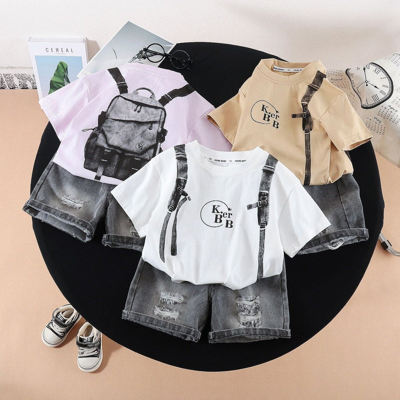 Children's Sports Outfit 2026 Summer New Style Boys and Girls Faux Backpack Short Sleeve Baby Casual Shorts Cute Two-Piece Set