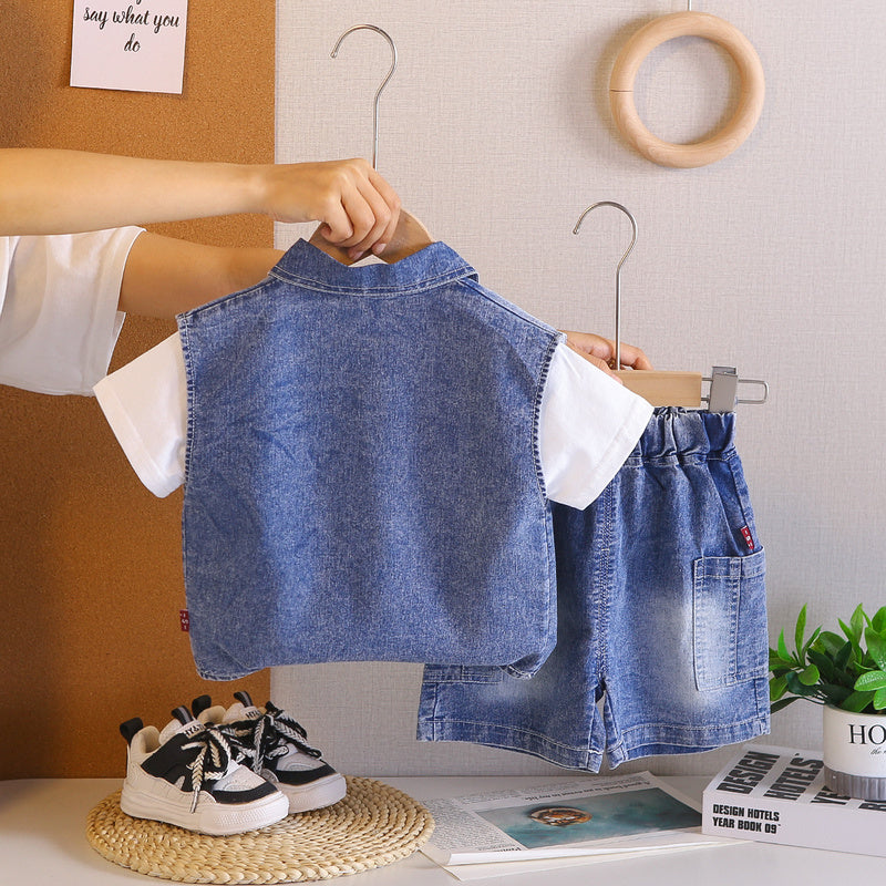 Boys' Summer Denim Vest Short Sleeve Set 2-4 Year Old Boys, 2026 New Fashionable Style for Infants and Toddlers