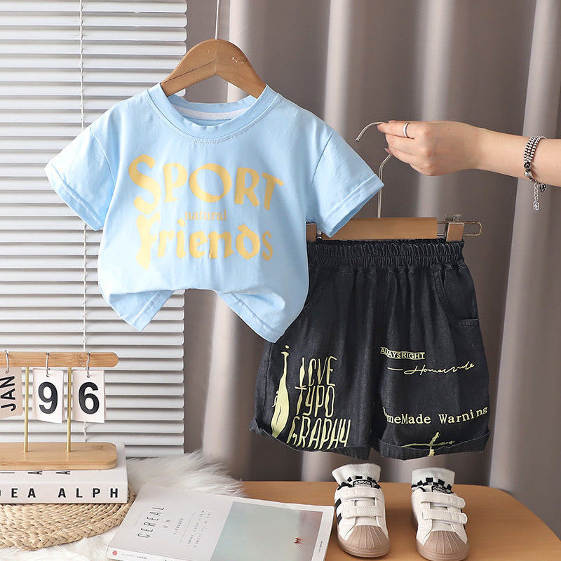Boys' Outfit 2026 New Style Infant Children's Summer Clothes Stylish Baby Boy Letter Print Short Sleeve Two-Piece Set