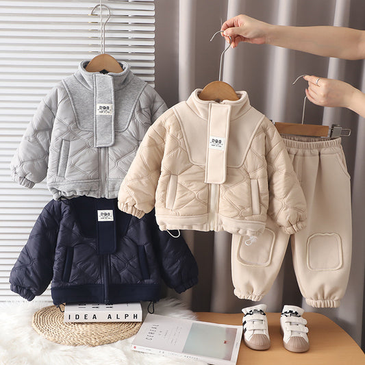 Clothing Boys' Children's Casual Fleece Lined Thickened Autumn Winter Outfit Baby High Collar Zipper Two-Piece Set Trendy