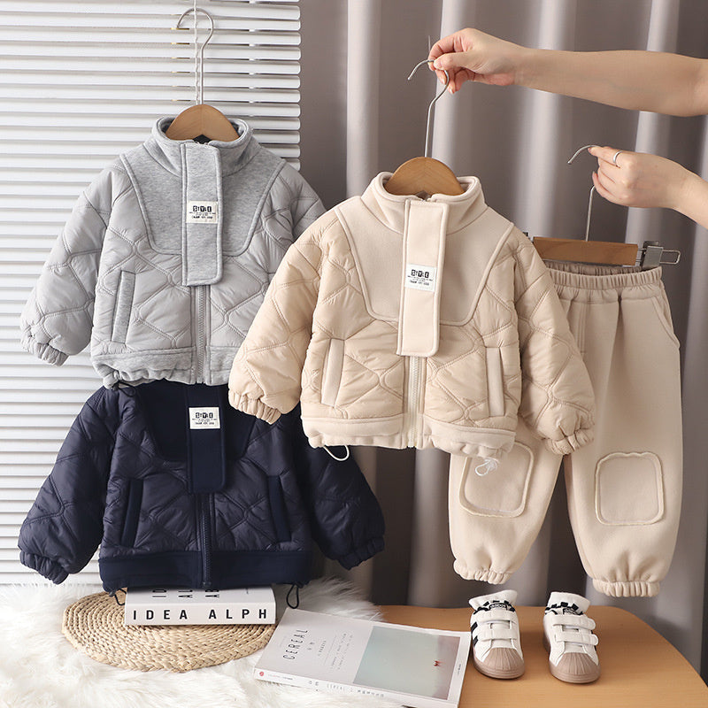 Clothing Boys' Children's Casual Fleece Lined Thickened Autumn Winter Outfit Baby High Collar Zipper Two-Piece Set Trendy