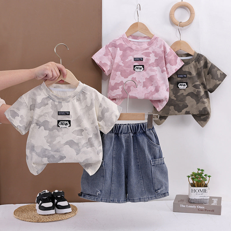 Outfit 2026 New Style Toddler Baby Summer Clothes Boys' Children's Camouflage Short Sleeve Two-Piece Set Trendy