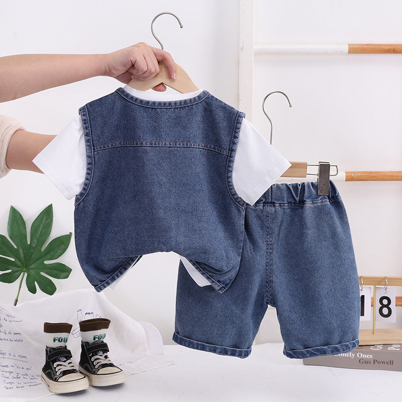 Boys' Short-Sleeve Outfit 2026 New Fashionable Children's Summer Letter Vest Three-Piece Set Baby Casual Trendy