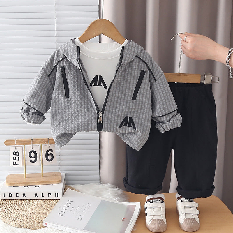 Boys' Spring and Outfit 2026 New Fashionable Children's Hooded Plaid Three-Piece Set Baby Autumn Casual Jacket
