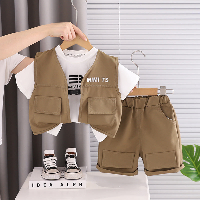Boys' Outfit 2026 New Fashionable Children's Short-Sleeve Summer Korean Style Letter Vest Three-Piece Set Trendy