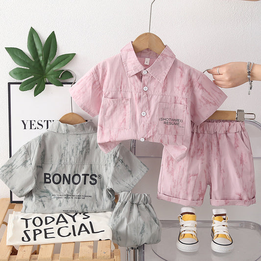 Boys' Summer Outfit 2026 New Korean Style Children's Thin Letter Print Shirt Short Sleeve Shorts Two-Piece Set Trendy