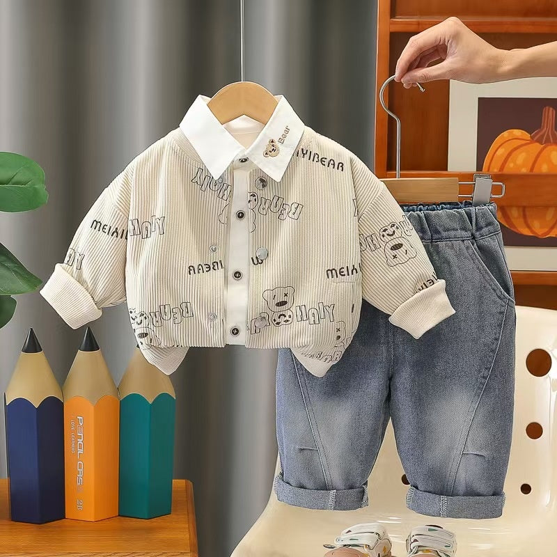 Clothes Spring and Autumn, Cute Casual Bear Shirt Boys, Long Sleeve Three-Piece Set for 0-2 Year Olds, Baby Jacket