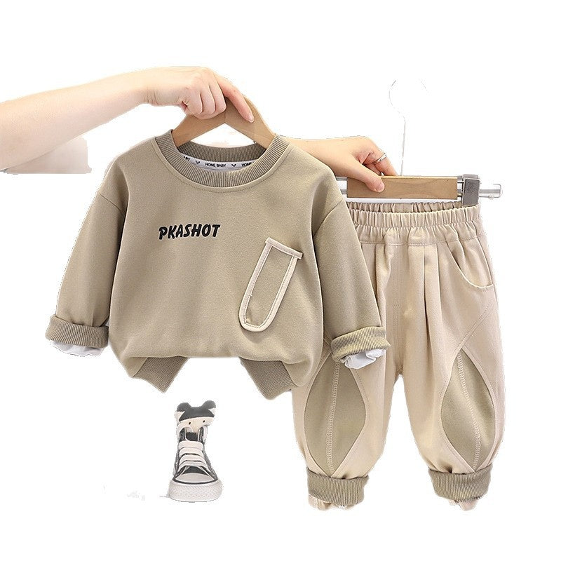 Boys' 2026 New Outfit Stylish Baby Spring Autumn Solid Color Sweatshirt Two-Piece Set, Infant and Toddler Clothes