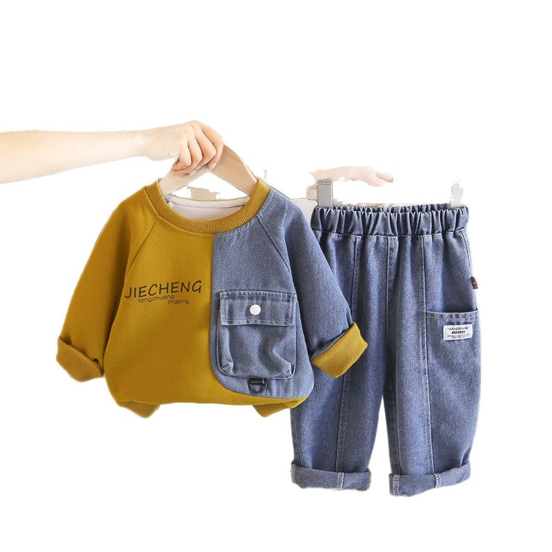 Boys' new two-piece set, stylish sweatshirt outfit, children's clothing for little boys, baby spring and autumn wear