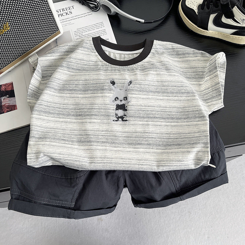 Boys' Outfit 2026 New Style Children's Striped Rabbit Short Sleeve Fashionable Baby Summer Clothes Two-Piece Set Trendy