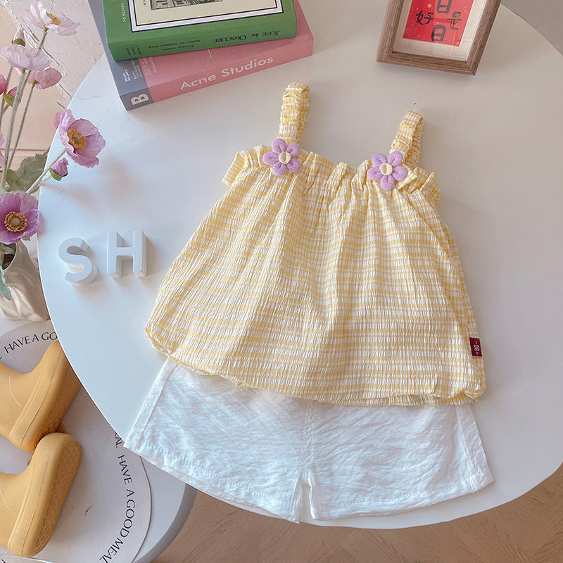 Girls' Outfit 2026 New Fashionable Floral Plaid Strap Dress Set Baby Summer Clothes Infant Korean Style