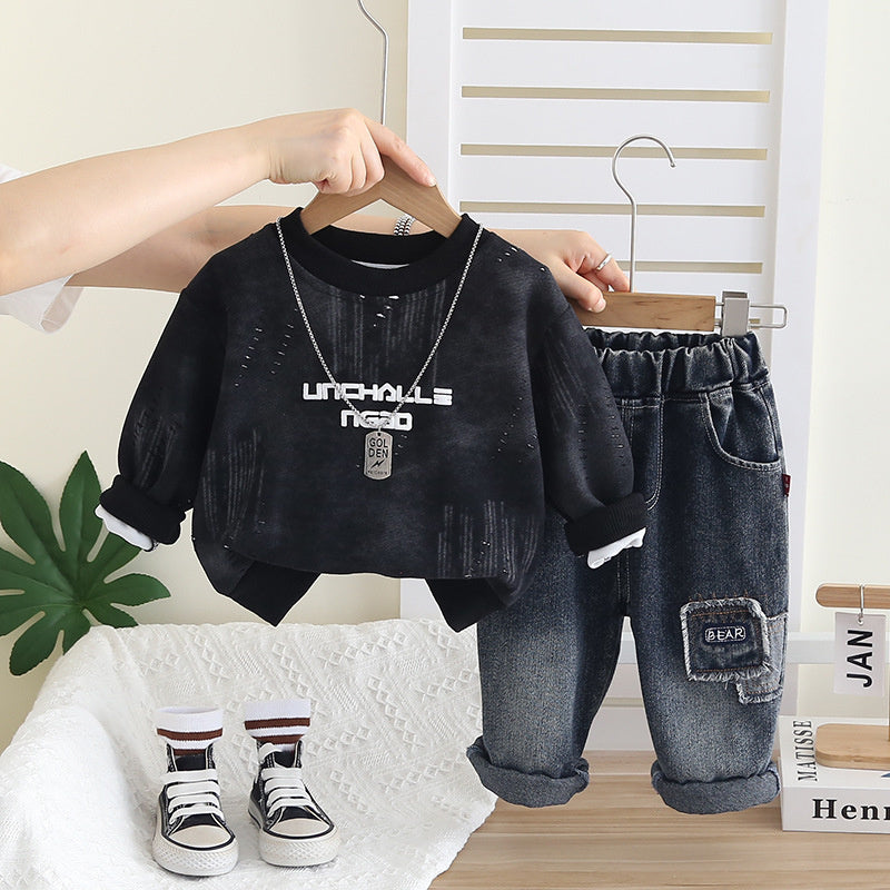 Boys' Spring Outfit Set, Spring-Autumn 2026 New Fashionable Tie-Dye Letter Sweatshirt and Pants, Stylish for Little Boys