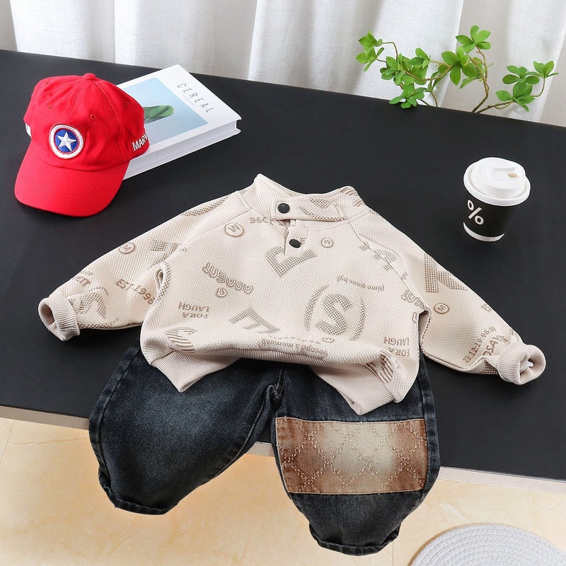 Boys' Outfit 2026 New Korean Style Spring Autumn Two-Piece Set for Boys with Stand Collar and Large Letter Print