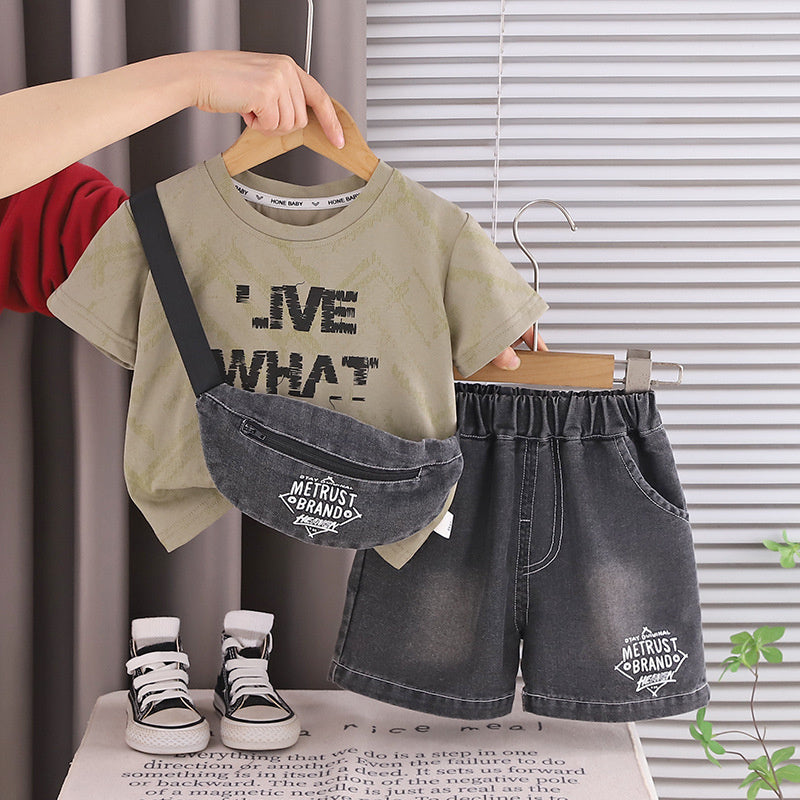 Boys' short-sleeve stylish lightweight children's clothing, cool and handsome baby summer outfit, two-piece set with denim bag