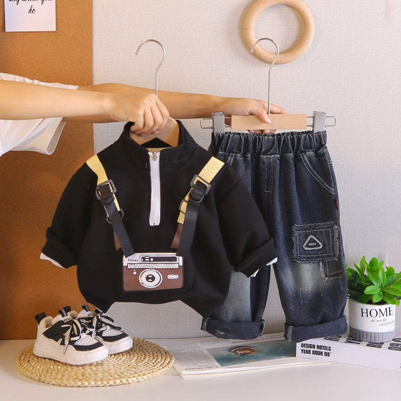 2026 New Spring Autumn Outfit Baby Boys, Cartoon Camera Sweatshirt Set, Stylish Long-Sleeve Two-Piece Set for Infants and Children