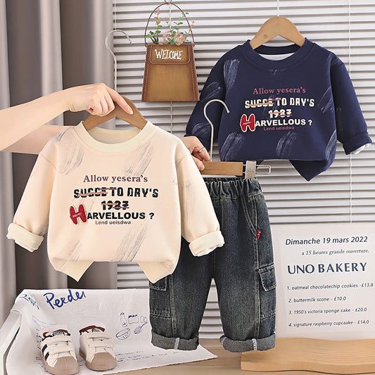 Boys' Autumn Outfit 2026 Spring-Autumn Clothes Infant Children's Letter Sweatshirt Baby Stylish Round Neck Two-Piece Set Trendy