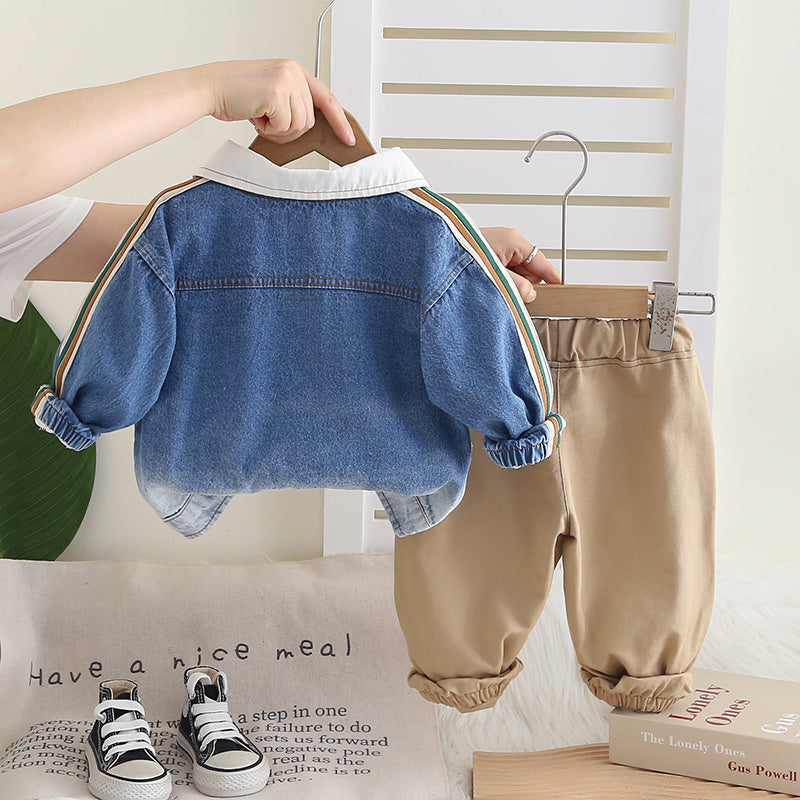 Boys 2025 New Outfit Baby Spring and Autumn Ribbon Denim Three-Piece Set Children's Stylish Long Sleeve Clothes