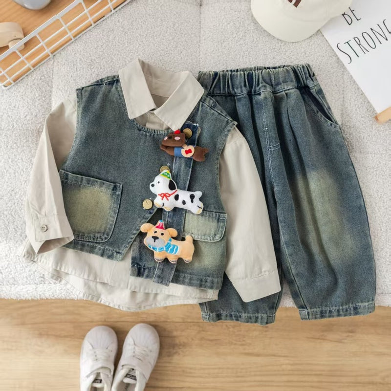 Boys' outfit set, stylish three-piece set for one-year-old babies, spring autumn puppy denim vest, trendy infant and toddler clothing