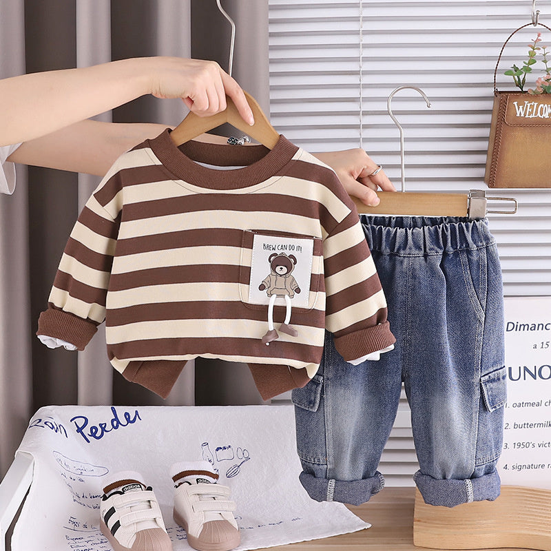 Boys' Suit and Autumn 2026 New Fashionable Children's Long Sleeve Striped Pocket Bear Logo Two-Piece Set Baby Spring Outfit