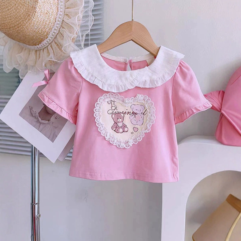 25006 Girls' 2025 Spring/Summer New Cartoon Cute Print Short Sleeve Top and Skirt Two-Piece Set
