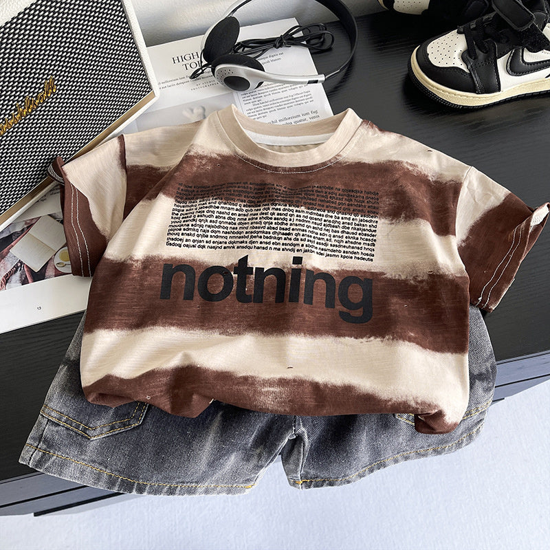 Boys' wide-striped short-sleeve set with small letters, 2026 new model, baby clothing, infant children's wear, summer thin trendy clothes